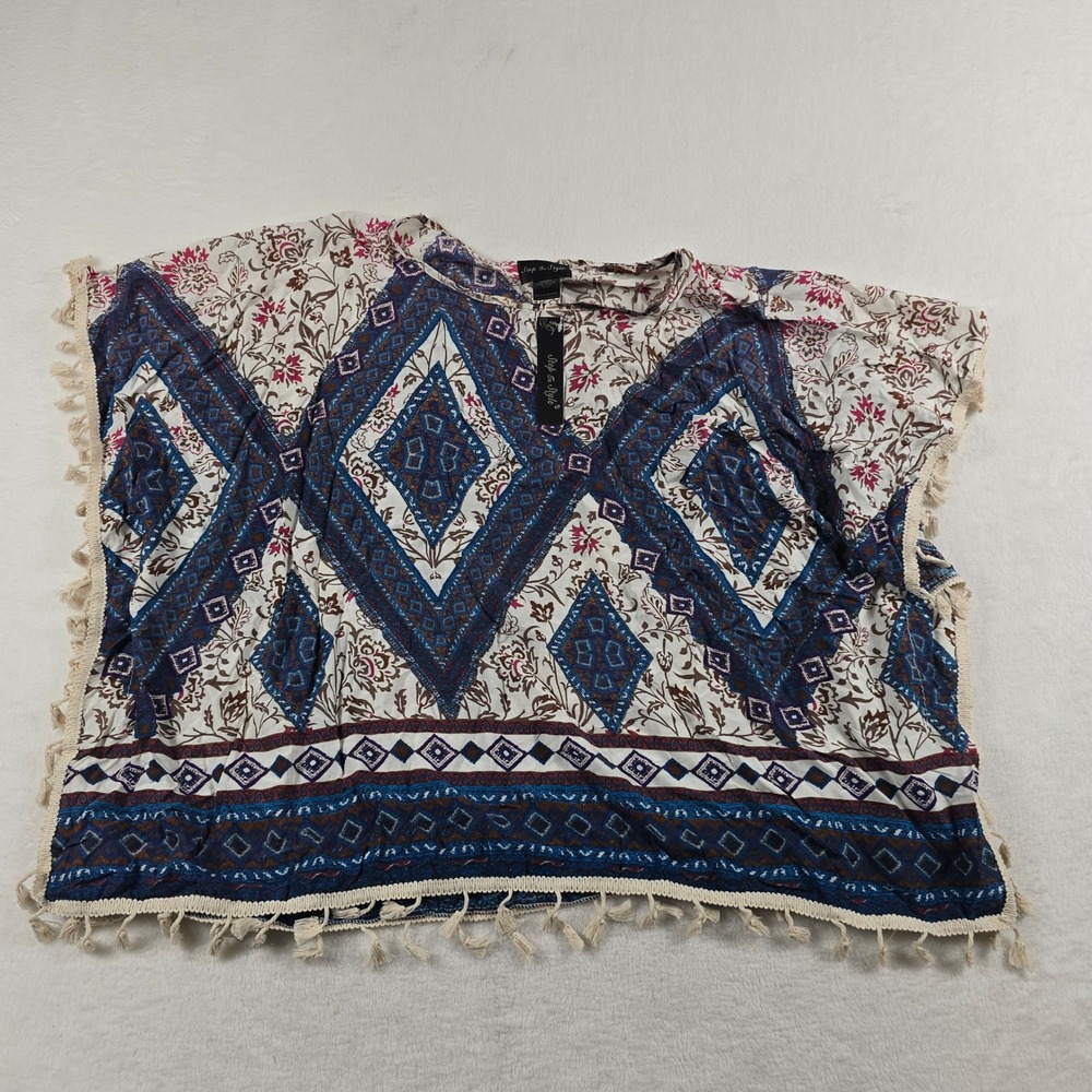 Step In Style Women Navy Blue Geometric Floral Tassel Poncho Kaftan Top One Size